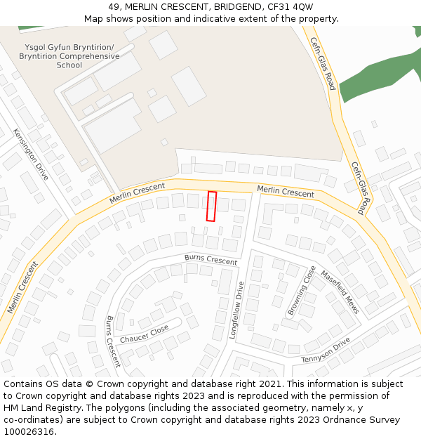 49, MERLIN CRESCENT, BRIDGEND, CF31 4QW: Location map and indicative extent of plot