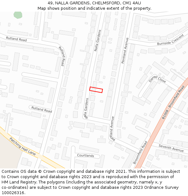49, NALLA GARDENS, CHELMSFORD, CM1 4AU: Location map and indicative extent of plot