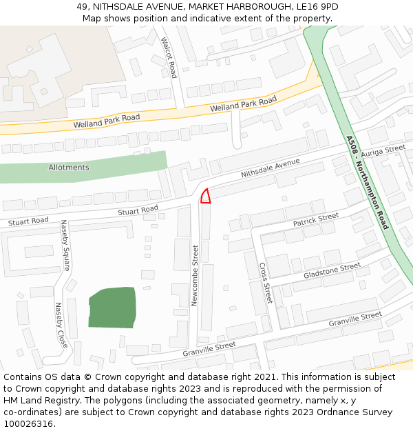 49, NITHSDALE AVENUE, MARKET HARBOROUGH, LE16 9PD: Location map and indicative extent of plot