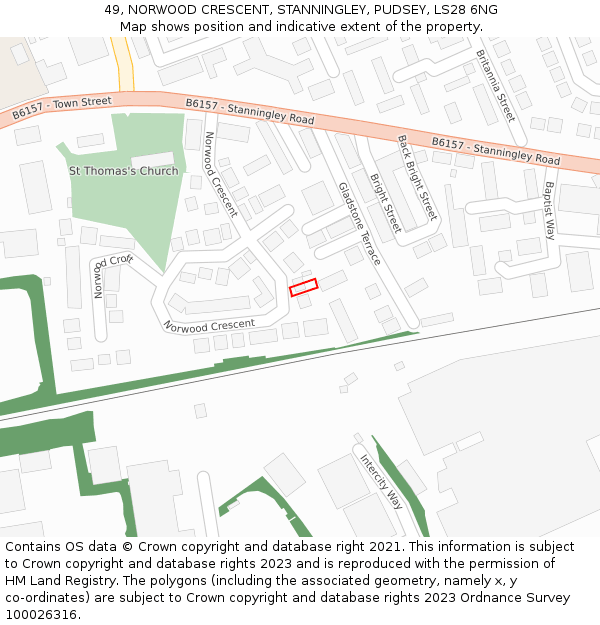 49, NORWOOD CRESCENT, STANNINGLEY, PUDSEY, LS28 6NG: Location map and indicative extent of plot