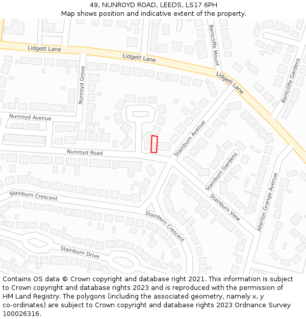 49, NUNROYD ROAD, LEEDS, LS17 6PH: Location map and indicative extent of plot