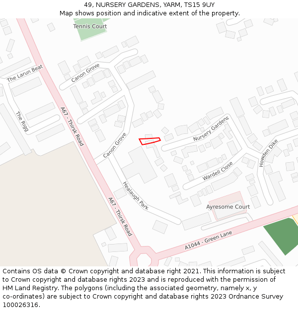 49, NURSERY GARDENS, YARM, TS15 9UY: Location map and indicative extent of plot