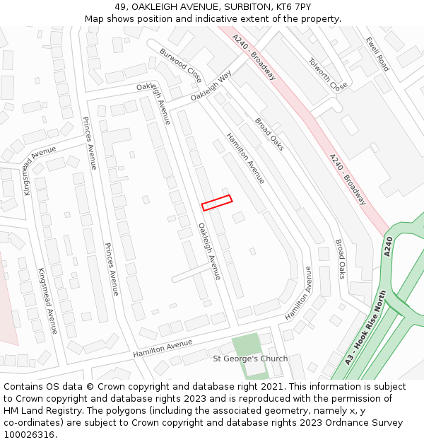 49, OAKLEIGH AVENUE, SURBITON, KT6 7PY: Location map and indicative extent of plot