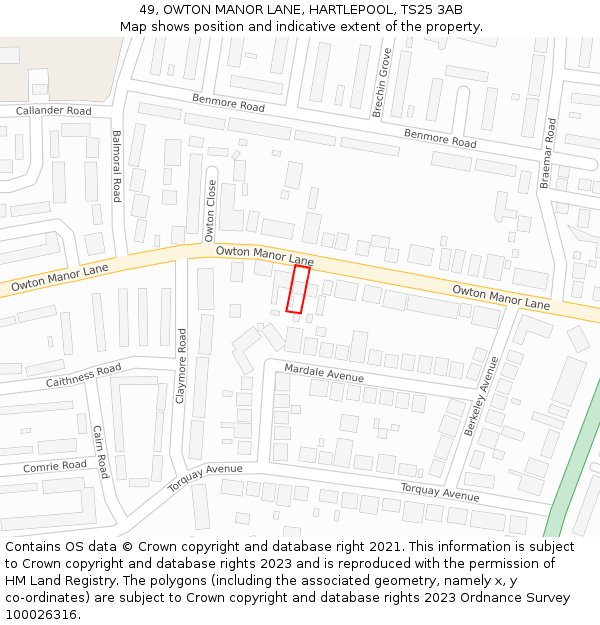 49, OWTON MANOR LANE, HARTLEPOOL, TS25 3AB: Location map and indicative extent of plot