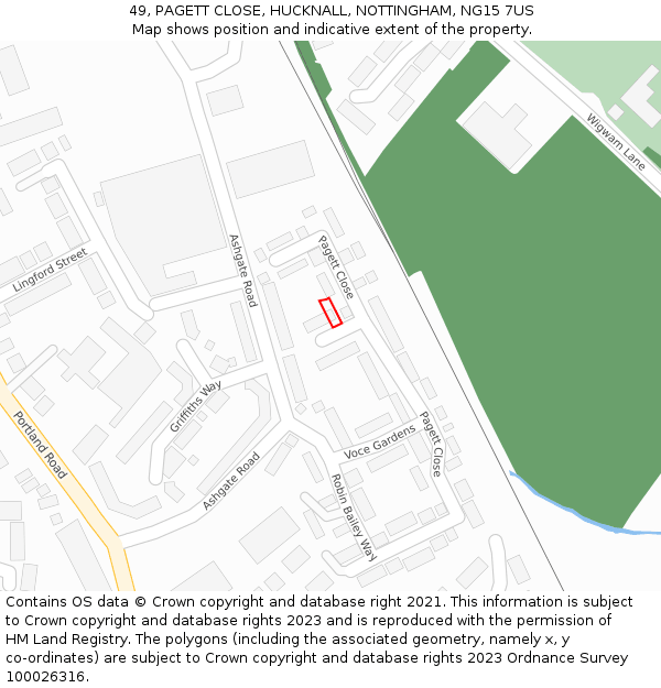 49, PAGETT CLOSE, HUCKNALL, NOTTINGHAM, NG15 7US: Location map and indicative extent of plot