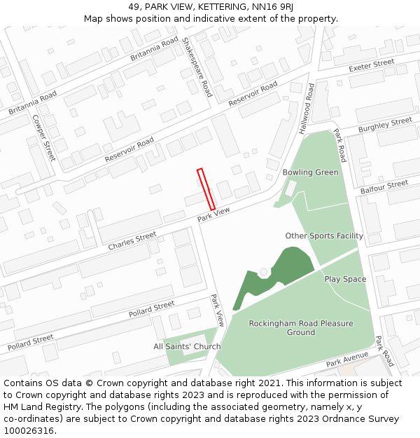49, PARK VIEW, KETTERING, NN16 9RJ: Location map and indicative extent of plot