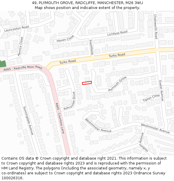 49, PLYMOUTH GROVE, RADCLIFFE, MANCHESTER, M26 3WU: Location map and indicative extent of plot
