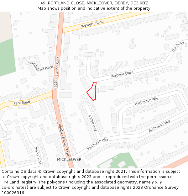 49, PORTLAND CLOSE, MICKLEOVER, DERBY, DE3 9BZ: Location map and indicative extent of plot