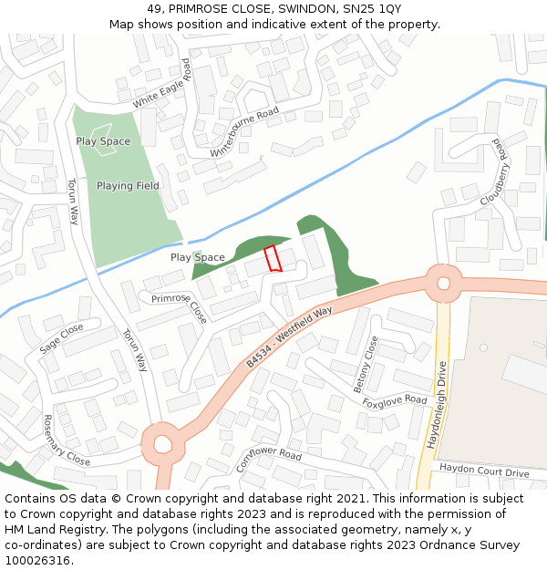 49, PRIMROSE CLOSE, SWINDON, SN25 1QY: Location map and indicative extent of plot