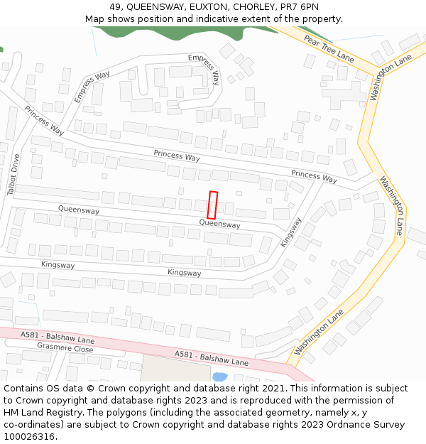 49, QUEENSWAY, EUXTON, CHORLEY, PR7 6PN: Location map and indicative extent of plot