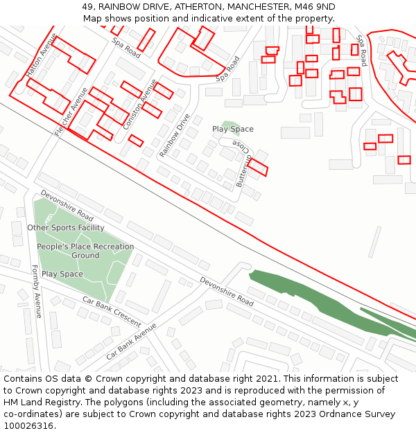 49, RAINBOW DRIVE, ATHERTON, MANCHESTER, M46 9ND: Location map and indicative extent of plot