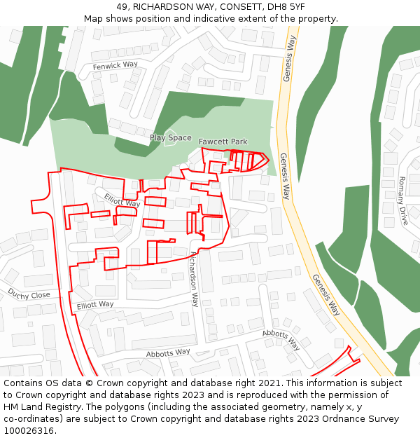 49, RICHARDSON WAY, CONSETT, DH8 5YF: Location map and indicative extent of plot