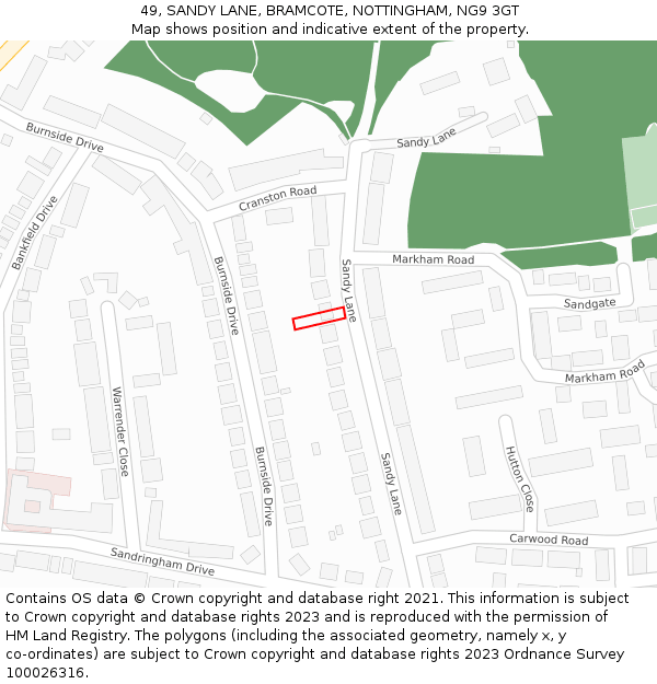 49, SANDY LANE, BRAMCOTE, NOTTINGHAM, NG9 3GT: Location map and indicative extent of plot