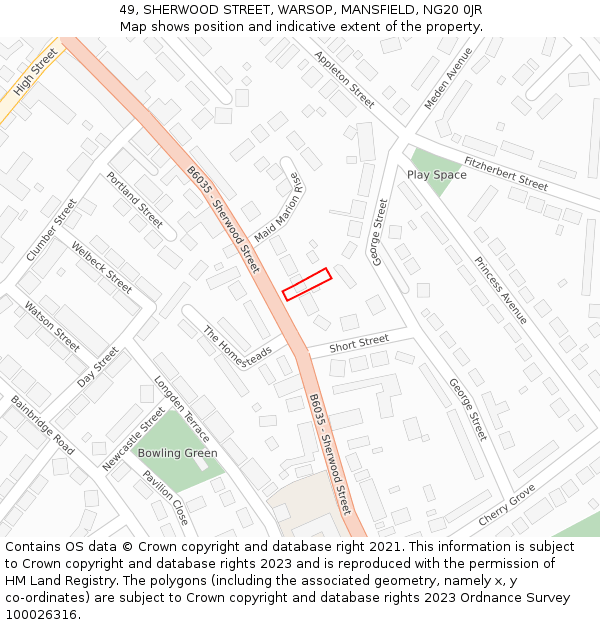 49, SHERWOOD STREET, WARSOP, MANSFIELD, NG20 0JR: Location map and indicative extent of plot