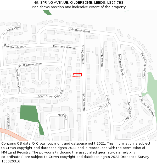 49, SPRING AVENUE, GILDERSOME, LEEDS, LS27 7BS: Location map and indicative extent of plot