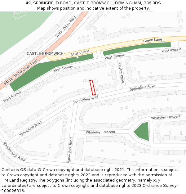 49, SPRINGFIELD ROAD, CASTLE BROMWICH, BIRMINGHAM, B36 0DS: Location map and indicative extent of plot