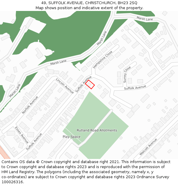 49, SUFFOLK AVENUE, CHRISTCHURCH, BH23 2SQ: Location map and indicative extent of plot