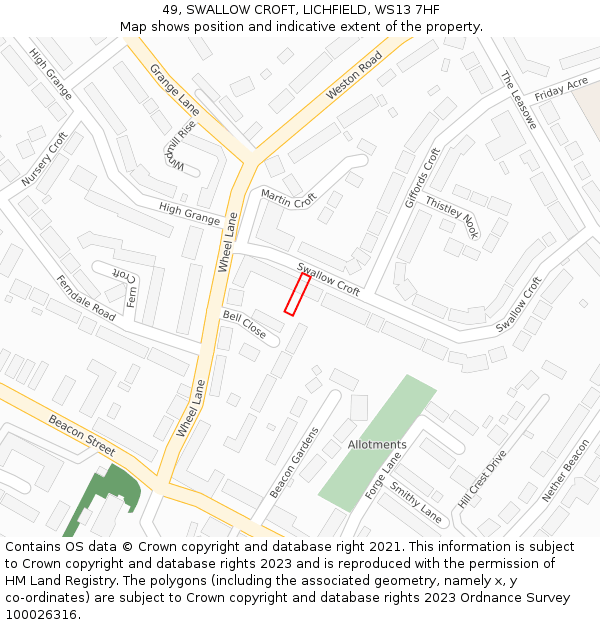 49, SWALLOW CROFT, LICHFIELD, WS13 7HF: Location map and indicative extent of plot
