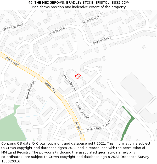 49, THE HEDGEROWS, BRADLEY STOKE, BRISTOL, BS32 9DW: Location map and indicative extent of plot