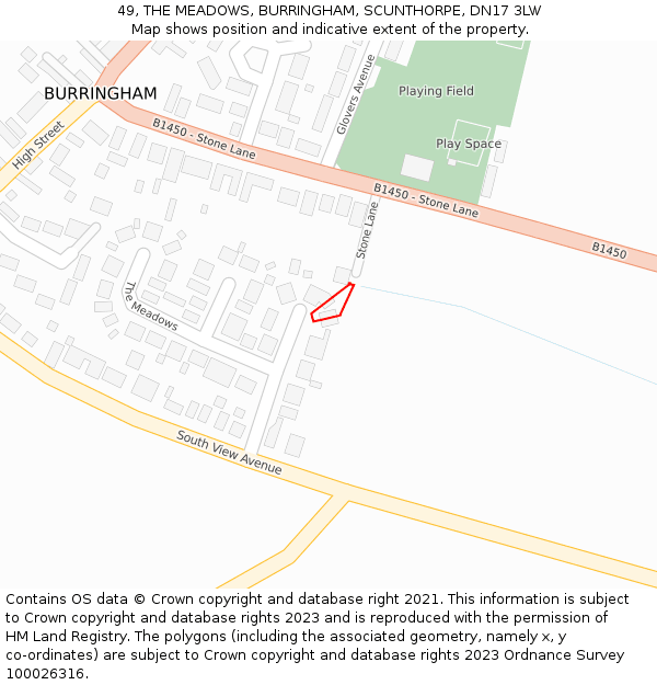49, THE MEADOWS, BURRINGHAM, SCUNTHORPE, DN17 3LW: Location map and indicative extent of plot
