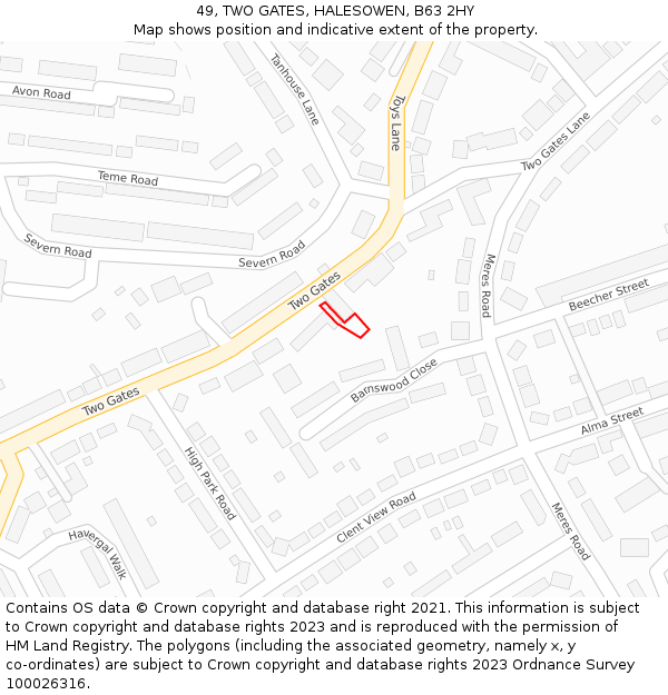49, TWO GATES, HALESOWEN, B63 2HY: Location map and indicative extent of plot