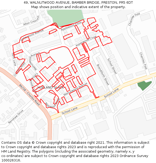 49, WALNUTWOOD AVENUE, BAMBER BRIDGE, PRESTON, PR5 6DT: Location map and indicative extent of plot