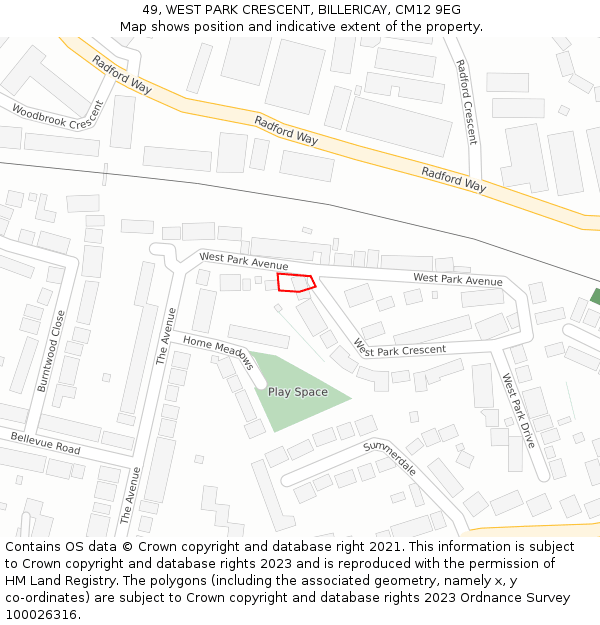 49, WEST PARK CRESCENT, BILLERICAY, CM12 9EG: Location map and indicative extent of plot