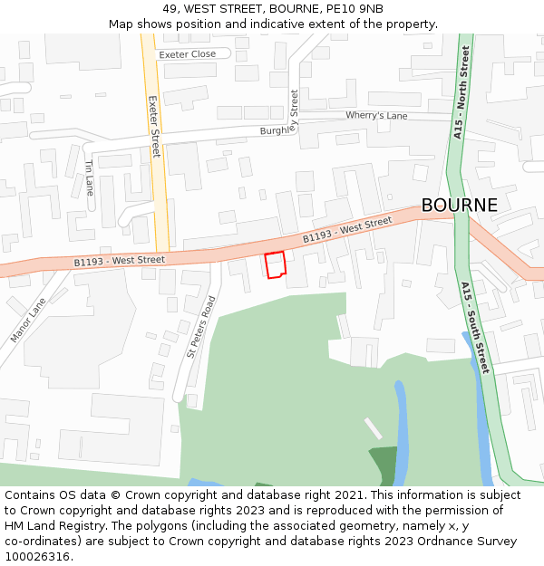 49, WEST STREET, BOURNE, PE10 9NB: Location map and indicative extent of plot