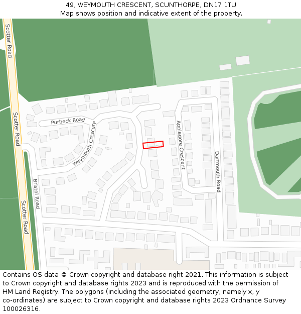 49, WEYMOUTH CRESCENT, SCUNTHORPE, DN17 1TU: Location map and indicative extent of plot
