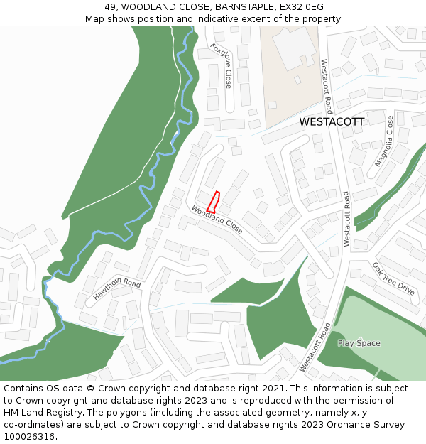 49, WOODLAND CLOSE, BARNSTAPLE, EX32 0EG: Location map and indicative extent of plot