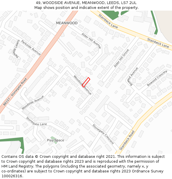 49, WOODSIDE AVENUE, MEANWOOD, LEEDS, LS7 2UL: Location map and indicative extent of plot