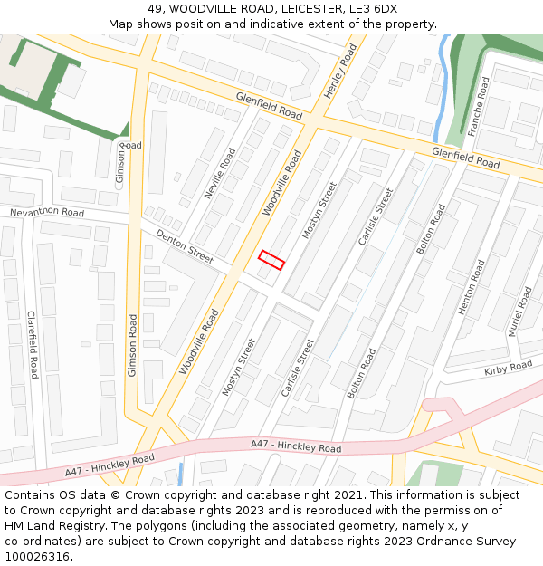 49, WOODVILLE ROAD, LEICESTER, LE3 6DX: Location map and indicative extent of plot