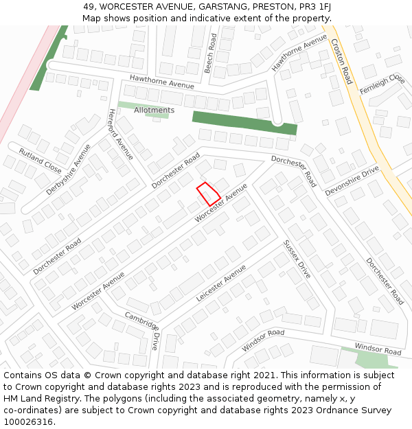 49, WORCESTER AVENUE, GARSTANG, PRESTON, PR3 1FJ: Location map and indicative extent of plot