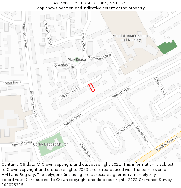 49, YARDLEY CLOSE, CORBY, NN17 2YE: Location map and indicative extent of plot
