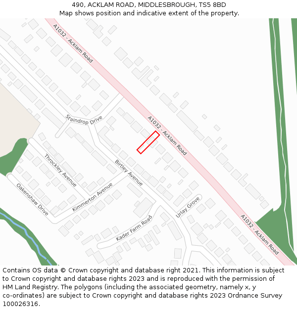 490, ACKLAM ROAD, MIDDLESBROUGH, TS5 8BD: Location map and indicative extent of plot