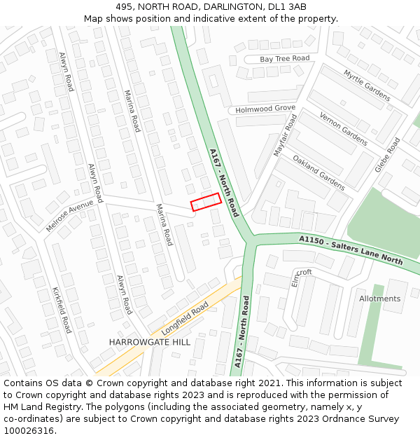 495, NORTH ROAD, DARLINGTON, DL1 3AB: Location map and indicative extent of plot
