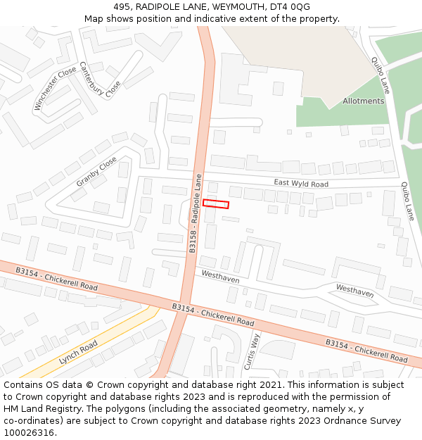 495, RADIPOLE LANE, WEYMOUTH, DT4 0QG: Location map and indicative extent of plot