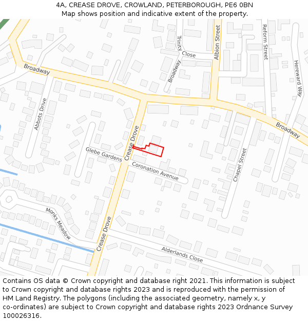 4A, CREASE DROVE, CROWLAND, PETERBOROUGH, PE6 0BN: Location map and indicative extent of plot