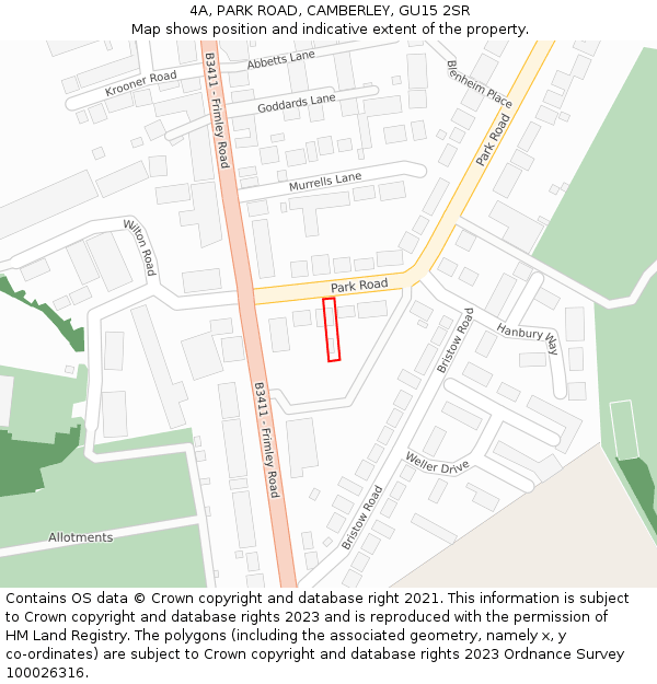 4A, PARK ROAD, CAMBERLEY, GU15 2SR: Location map and indicative extent of plot