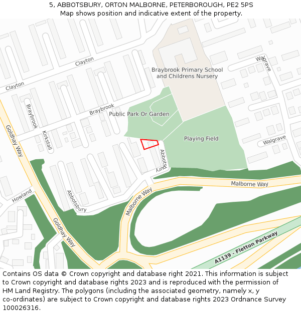 5, ABBOTSBURY, ORTON MALBORNE, PETERBOROUGH, PE2 5PS: Location map and indicative extent of plot