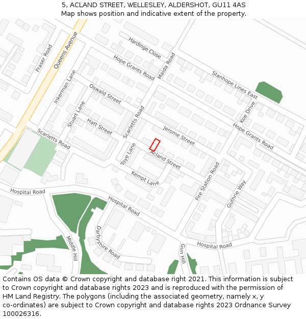 5, ACLAND STREET, WELLESLEY, ALDERSHOT, GU11 4AS: Location map and indicative extent of plot
