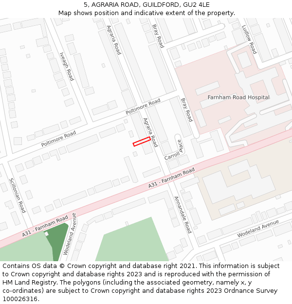 5, AGRARIA ROAD, GUILDFORD, GU2 4LE: Location map and indicative extent of plot