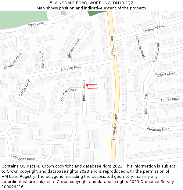 5, AINSDALE ROAD, WORTHING, BN13 2QZ: Location map and indicative extent of plot