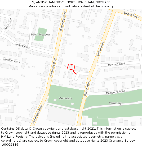 5, ANTINGHAM DRIVE, NORTH WALSHAM, NR28 9BE: Location map and indicative extent of plot