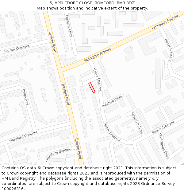 5, APPLEDORE CLOSE, ROMFORD, RM3 8DZ: Location map and indicative extent of plot