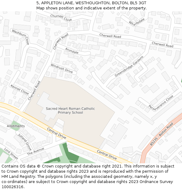 5, APPLETON LANE, WESTHOUGHTON, BOLTON, BL5 3GT: Location map and indicative extent of plot