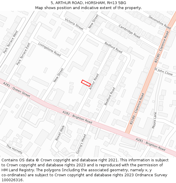 5, ARTHUR ROAD, HORSHAM, RH13 5BG: Location map and indicative extent of plot