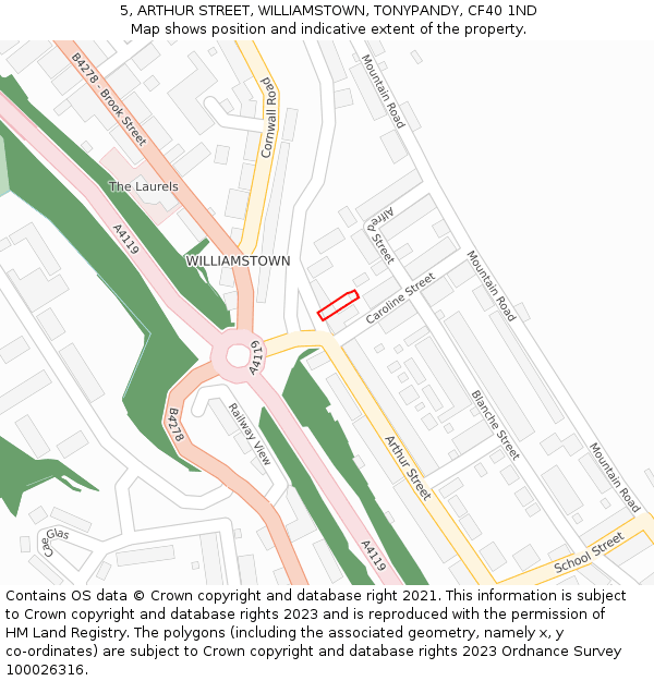 5, ARTHUR STREET, WILLIAMSTOWN, TONYPANDY, CF40 1ND: Location map and indicative extent of plot