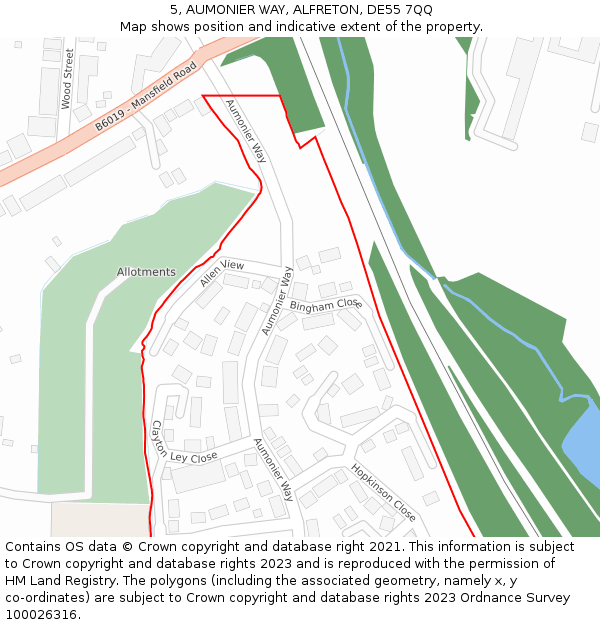 5, AUMONIER WAY, ALFRETON, DE55 7QQ: Location map and indicative extent of plot