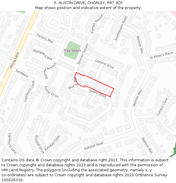 5, AUSTIN DRIVE, CHORLEY, PR7 3DF: Location map and indicative extent of plot